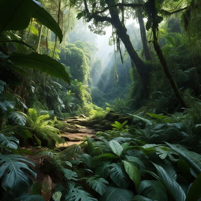 Lush Tropical Rainforest with Stream Path