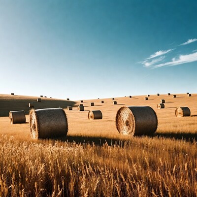 Hay bales in golden wheat field