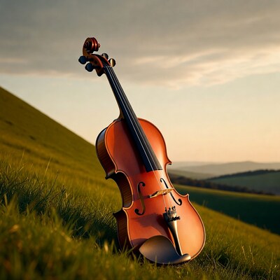 Violin on grassy hill