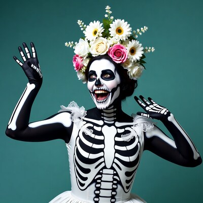 Woman in sugar skull makeup waving