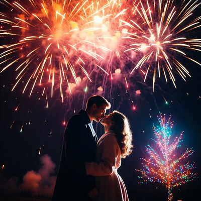 Couple kissing under fireworks