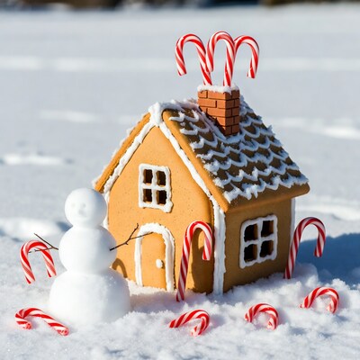 Gingerbread house with snowman in snow