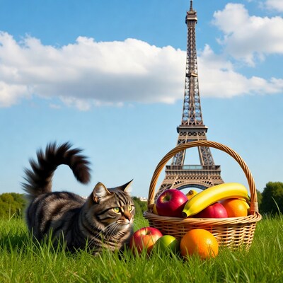 Cat with fruit basket Eiffel Tower