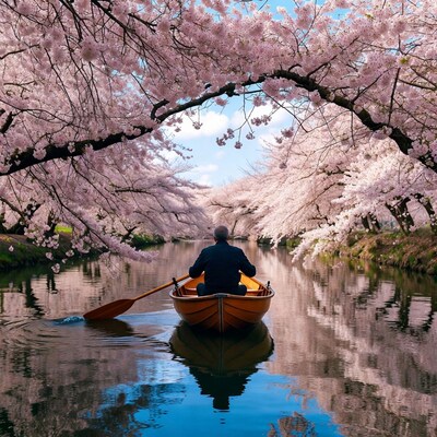 Man rowing boat under cherry blossoms