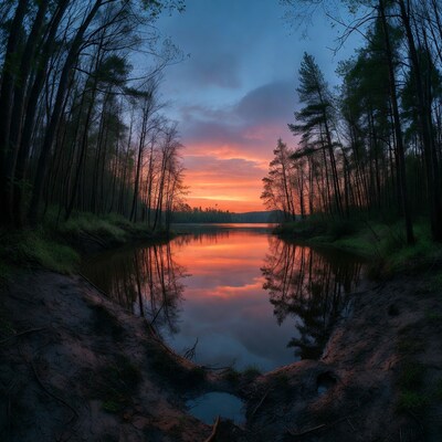 Sunset Reflection Over Forest Lake