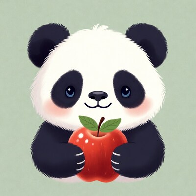 Cute panda holding red apple