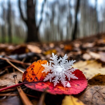 Snowflake on red autumn leaf