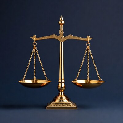 Golden Scales of Justice on Blue Background