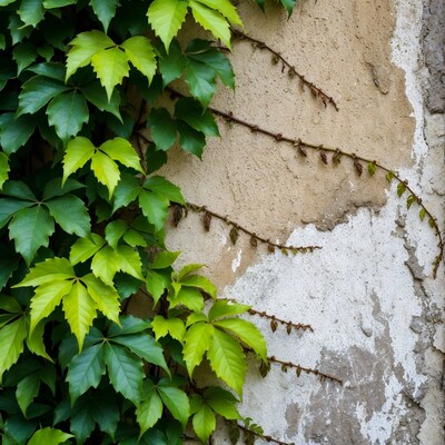 Green ivy climbing beige stucco wall