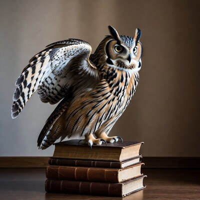 Great Horned Owl on Stack of Books