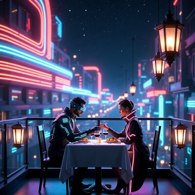 Couple dining on cyberpunk balcony