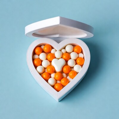 Open heart box with orange white candies