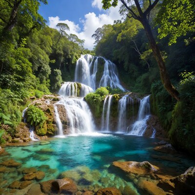 Multi-tiered Waterfall in Lush Forest