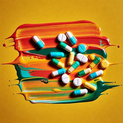 Colorful pills on paint splatter