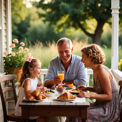 Family enjoying breakfast on porch