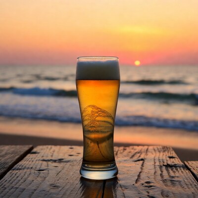 Beer glass at beach sunset
