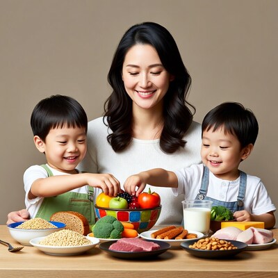 Asian mom feeding twin boys healthy food