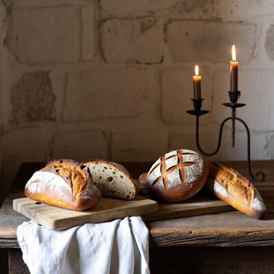 Fresh bread loaves with candles