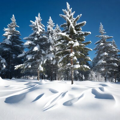Snowy pine trees against blue sky