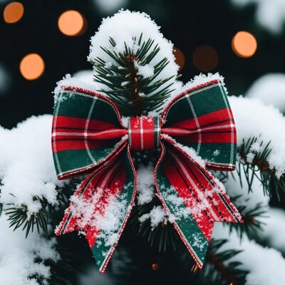 Red Green Plaid Bow on Snowy Christmas Branch