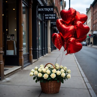 Red heart balloons and white roses on street