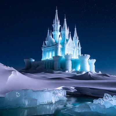 Ice Castle on Snowy Night