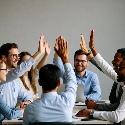 Diverse team raising hands in meeting