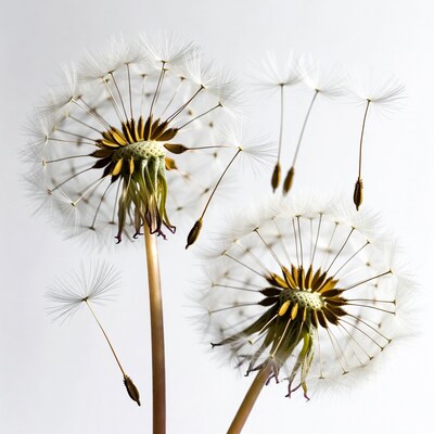 Fluffy dandelion seeds on white background
