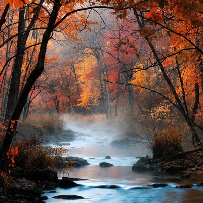 Autumn Forest Stream with Fog