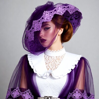 Woman in purple lace hat and dress