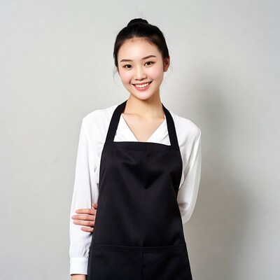 Asian woman wearing black apron