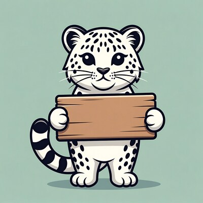 Cute snow leopard holding blank sign