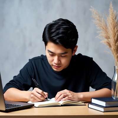 Asian man writing in notebook