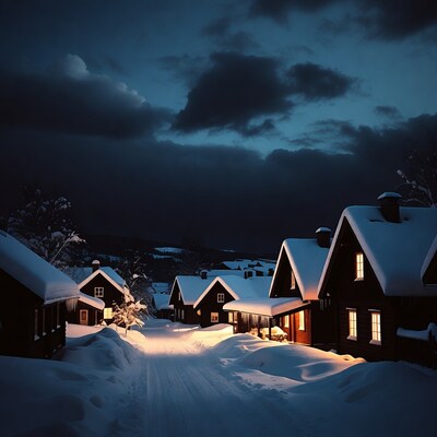 Snowy Wooden Cabins at Night