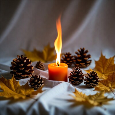 Burning Candle with Pinecones and Autumn Leaves