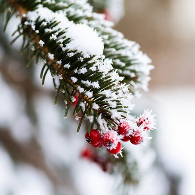 Snowy pine branch with red berries