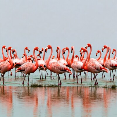 Flock of pink flamingos in shallow water