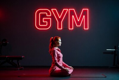 Woman meditating in gym with neon sign