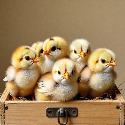 Baby Chickens in Wooden Crate