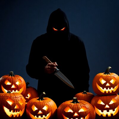 Hooded man holding knife with jack o lanterns