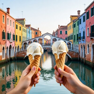 Hands holding ice cream cones in Burano canal