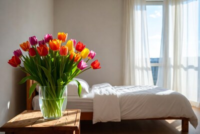 Colorful Tulips in Vase on Bedroom Table