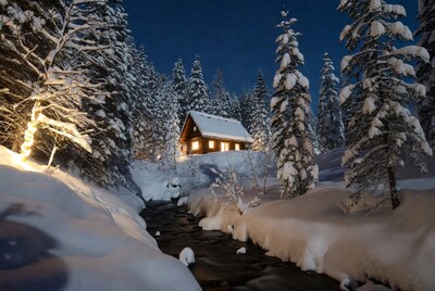 Lit Cabin in Snowy Forest Night