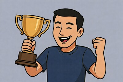 Asian man holding trophy illustration