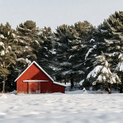Red Barn in Snowy Forest