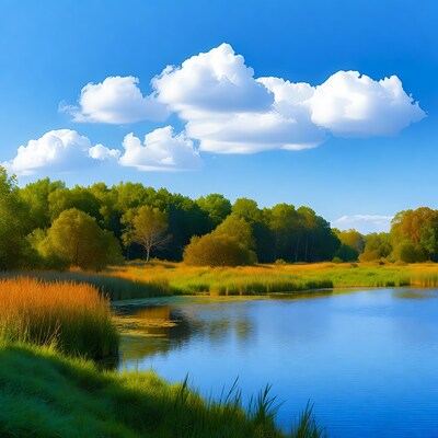 Vibrant lake with reeds and autumn trees
