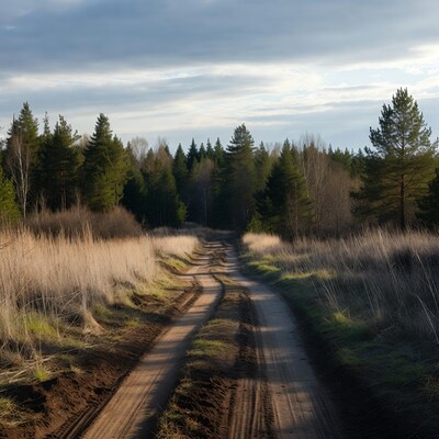 Dirt road through pine forest
