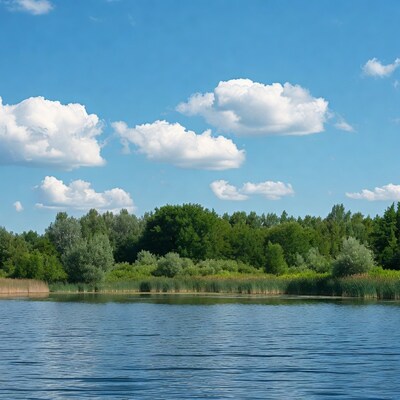Lake with reeds and green trees