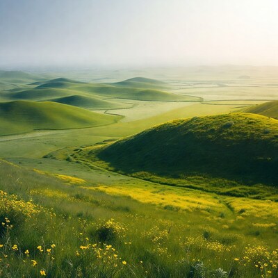 Rolling Green Hills with Yellow Flowers
