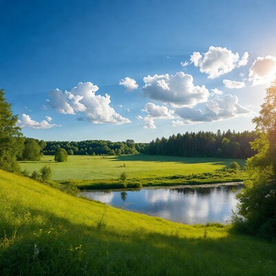 Green meadow with pond and forest